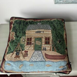 Lafrance Tapestry decorative throw pillow cabin fishing